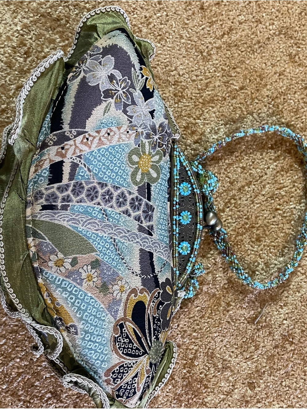 Mary Frances Olive Green and Turquoise Beaded Floral Evening Clutch excellent - Picture 6 of 9